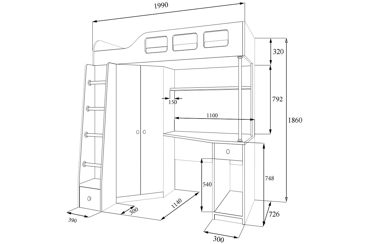 Кровать-чердак Астра 7 белый / дуб шамони