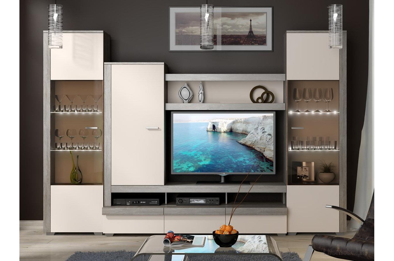 Стенка для гостиной Эйва (комплектация 1) фон бежевый / дуб верцаска