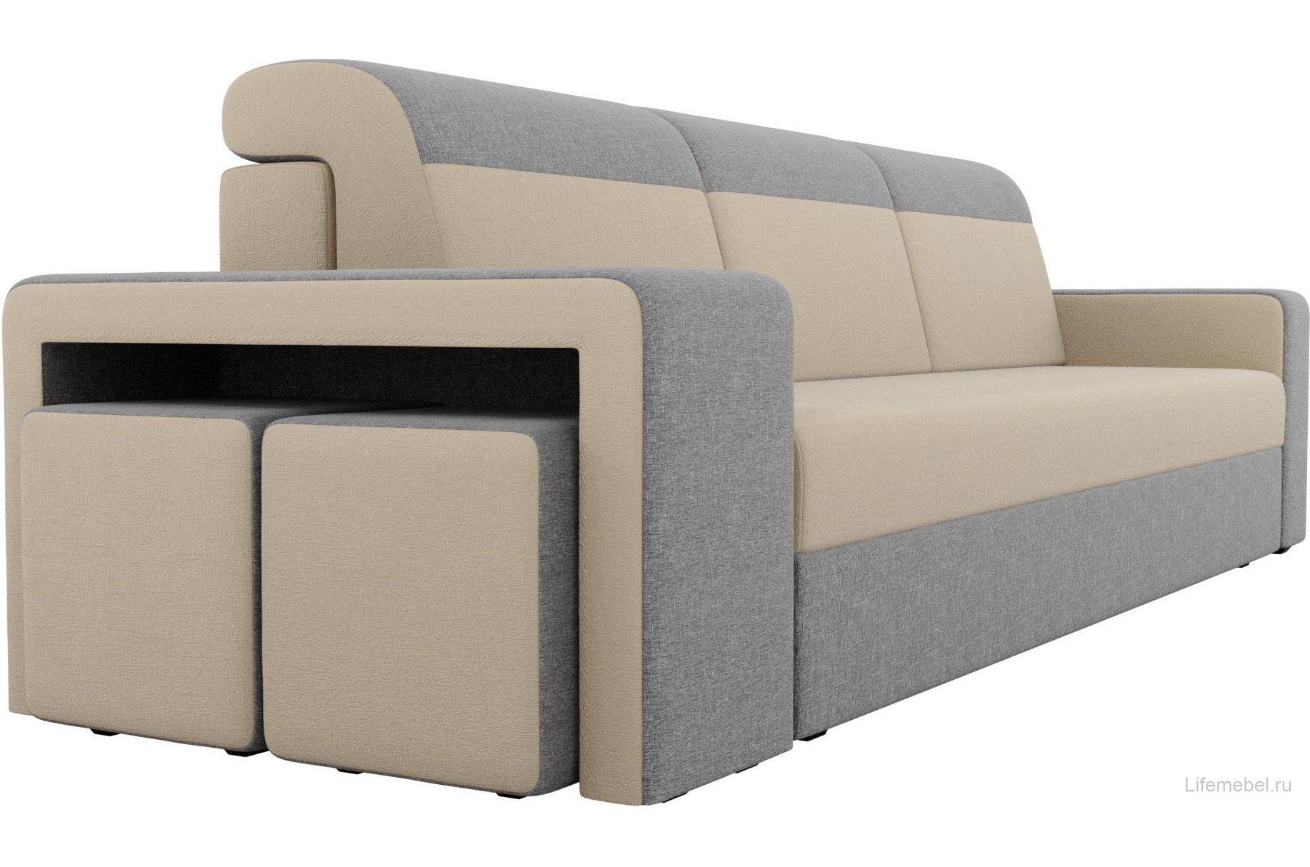 Диван Мустанг прямой с двумя пуфами рогожка бежевый / серый