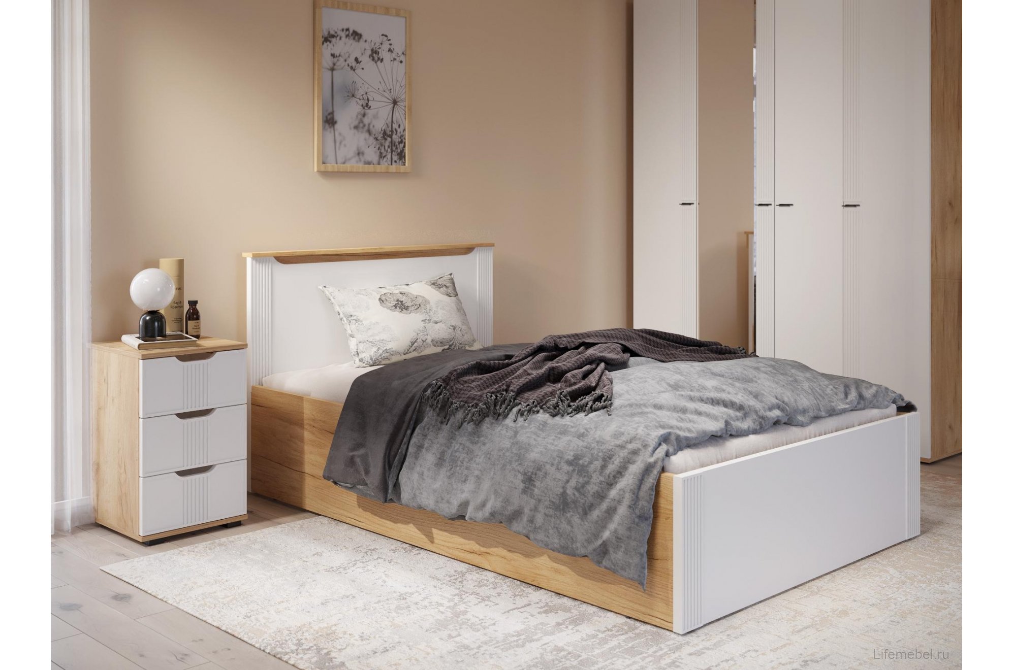 Полутораспальная кровать Эмилия ЭЛ-32 120х200 с ПМ дуб крафт золотой / меренга