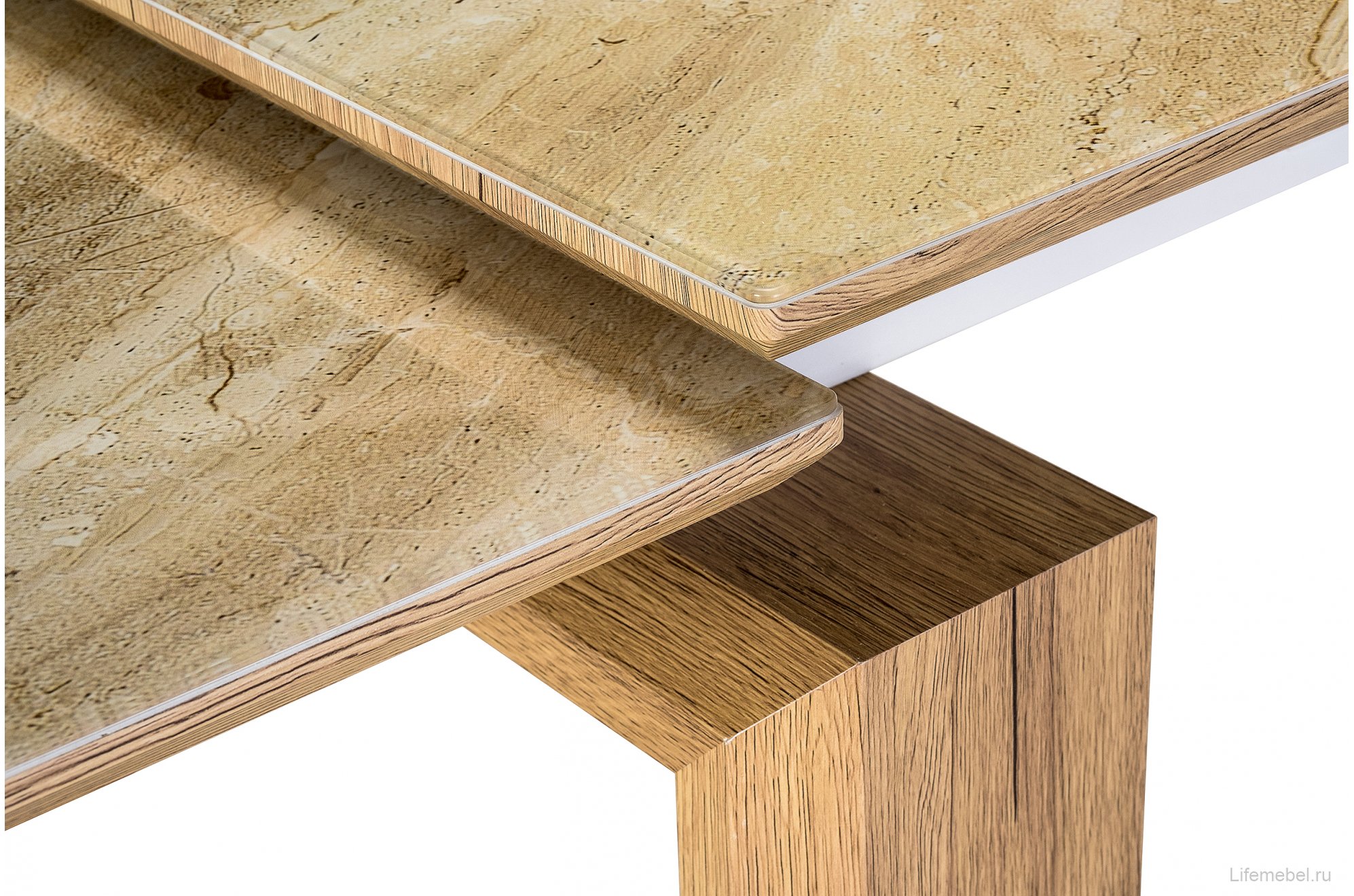 Стеклянный стол Давос бежевый мрамор / дуб монтана