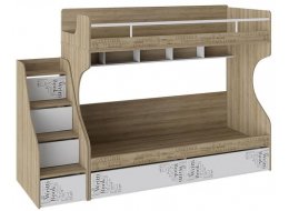 Двухъярусная кровать Оксфорд с приставной лестницей ривьера / белый с рисунком