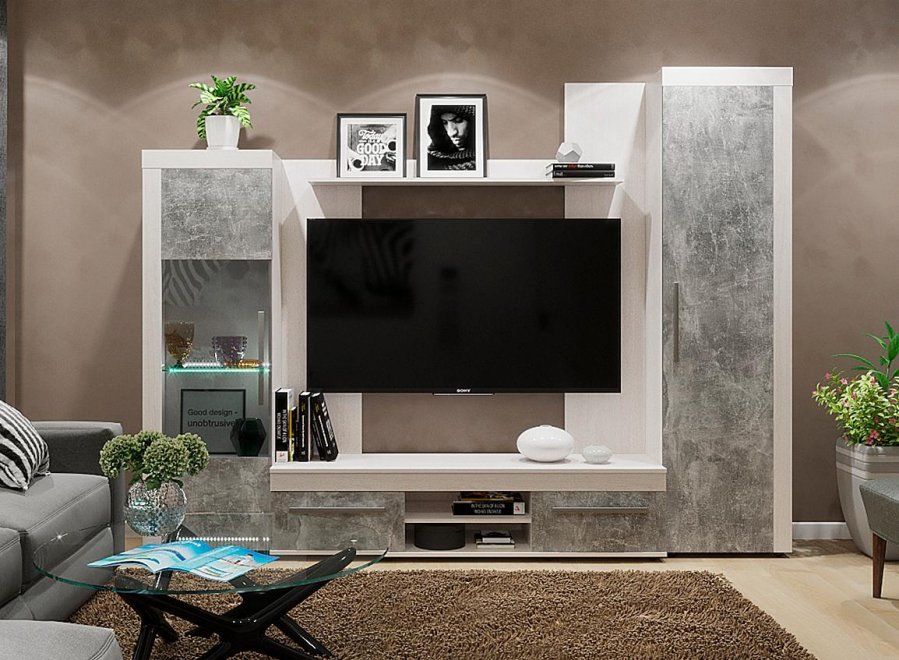 Модульная гостиная Леон (комплектация 1) ясень анкор светлый / ателье светлый