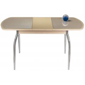 Стол Leya-1 дуб молочный / кремовое стекло / капитон бежевый / вкладка стекло