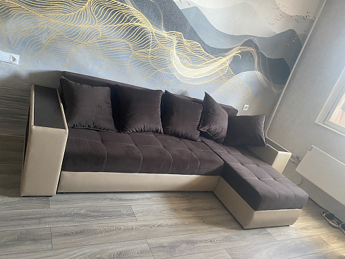 Диван угловой Дубай микровельвет бежевый / экокожа коричневый левый фото покупателя 1