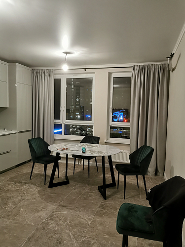 Стеклянный стол Алингсос 100(140)х100х76 мрамор серый / черная шагрень фото покупателя 11